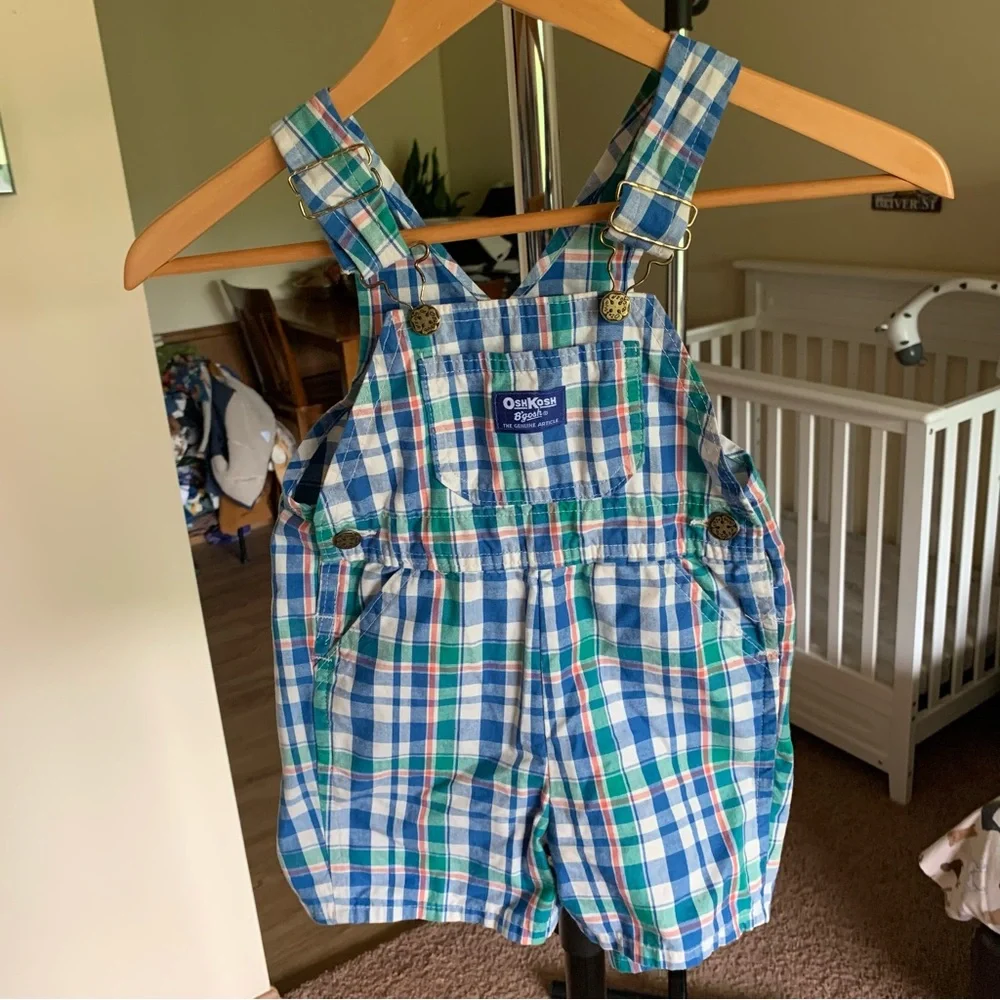 Vintage OshKosh Plaid Shortalls Overalls 4T